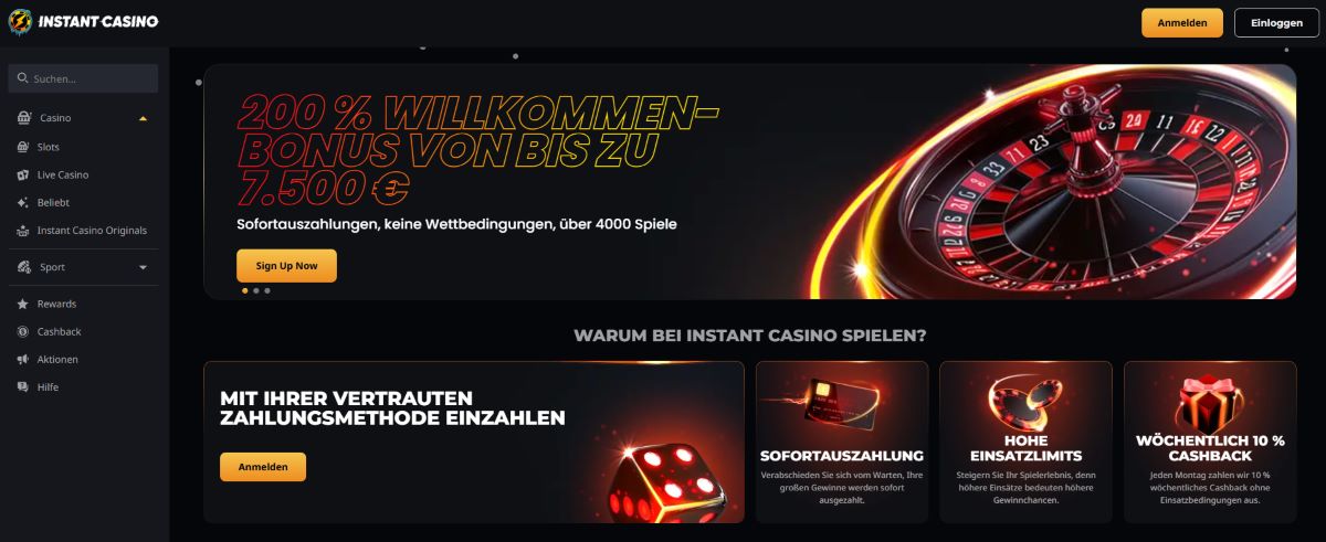 Instant Casino zonder registratie Landingspagina